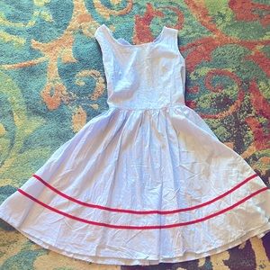 Vintage style blue pinstripe dress with red stripes